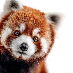 Obraz premium A stunningly photorealistic red panda with vibrant orange fur and a bushy ringed tail, sitting curiously and isolated against a clean white studio background.