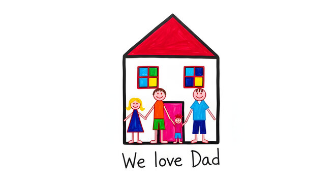 A colorful drawing of a family standing in front of a house with a red roof and the words 'We love Dad' written below.