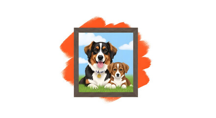 Fototapeta premium A framed illustration of two adorable dogs sitting on grass in a serene landscape