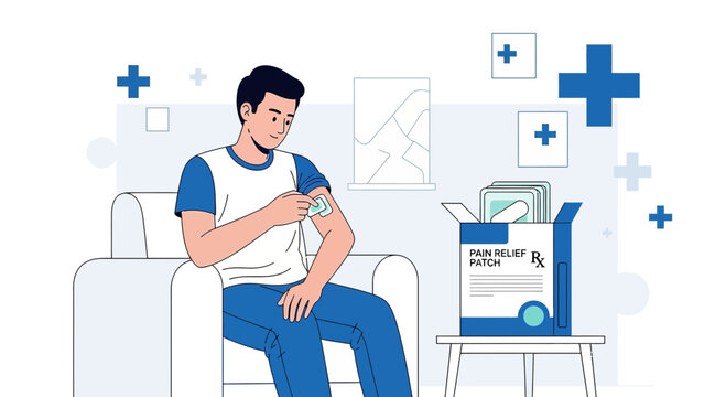 Man Applies Pain Relief Patch to Arm, Medical Treatment Concept