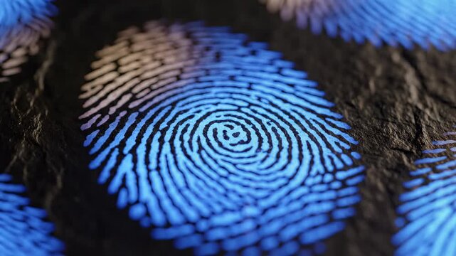 This features a close-up shot of a fingerprint highlighted with blue light, a common technique used in forensic science to analyze evidence at crime scenes.