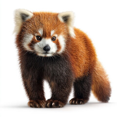 Obraz premium A stunningly photorealistic red panda with vibrant orange fur and a bushy ringed tail, sitting curiously and isolated against a clean white studio background.