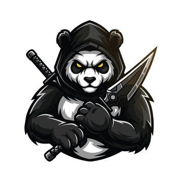 Fierce, angry panda with cracked skin and a bloody wound, snarling aggressively with sharp teeth, conveying a menacing and wild mood against a stark white background