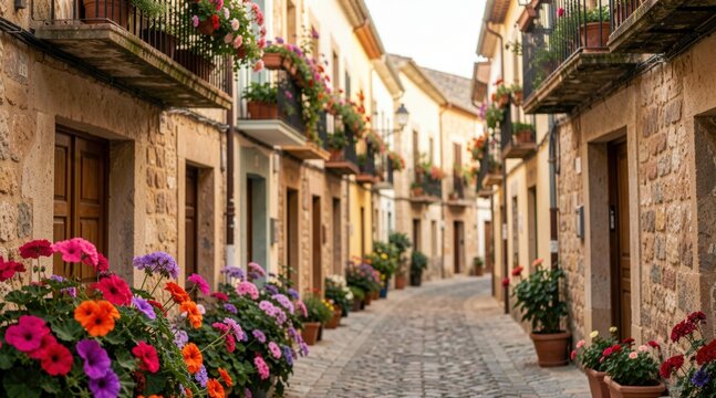 Spanish Street With Flowers On Balconies Old Town