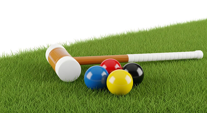 A set of colorful croquet balls and mallets on a grassy field