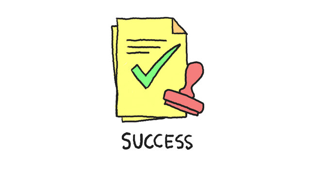 Hand drawn doodle illustration of a success document with green checkmark and red rubber stamp on transparent background
