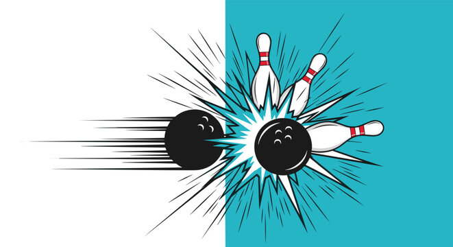 Dynamic action shot of a black bowling ball crashing into white pins with a comic-style burst of energy and motion lines.