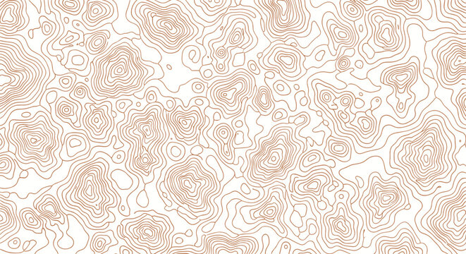 Seamless pattern of a topographic map featuring brown contour lines representing mountain terrain and elevation on a white background.