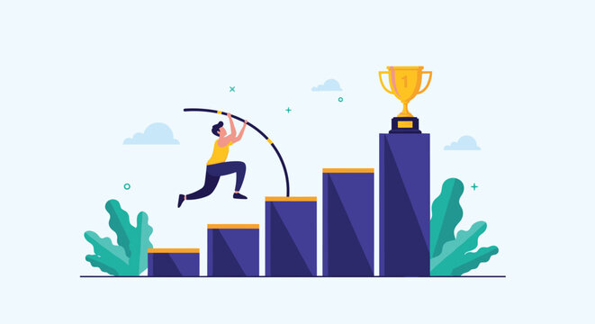 Determined athlete using a pole to vault over a bar towards a trophy at the top of a rising bar chart representing career success.