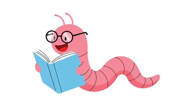 Adorable pink bookworm wearing glasses and smiling while happily reading a blue book on a plain white background.