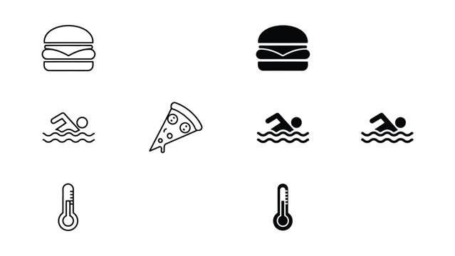 A set of black and white icons depicting food and summer activities