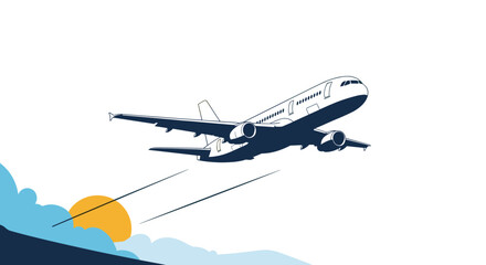 Fototapeta premium Graphic illustration of a commercial airplane taking off into the sky with a sun and clouds at the bottom against a white background for travel.