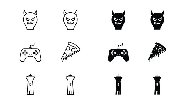 A collection of various black and white icons on a plain white background