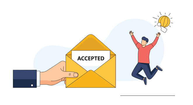 Enthusiastic person jumping for joy after receiving an acceptance letter in a yellow envelope for career or educational success concepts.