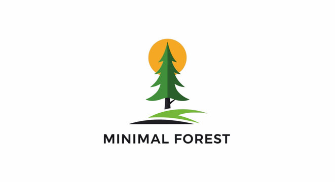 Simple Green Pine Tree with Orange Sun and "Minimal Forest" Text, Isolated White Background