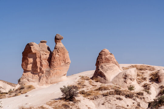 Camel-shaped fairy chimneys in the Devrent Valley in Cappadocia, one of the most popular tourist areas in Turkey on an August day.