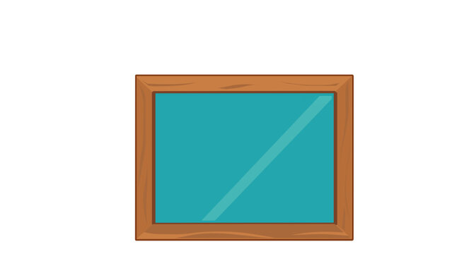 Minimalist vector illustration of a rectangular wall mirror featuring a classic brown wooden frame and teal glass with a light reflection streak, flat icon for home decor and interior design.