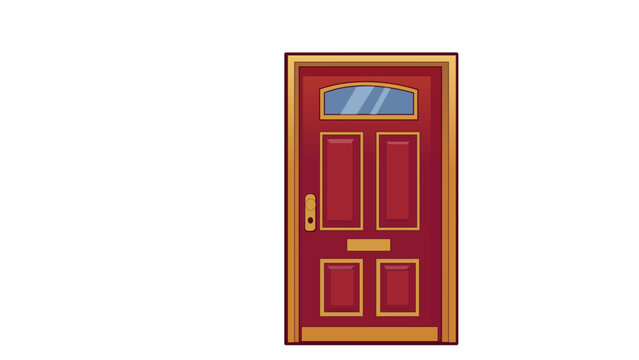 Red Front Door Vector Illustration: Classic Wooden House Entrance Icon with Gold Handle, Mail Slot, and Transom Window, Minimalist Flat Design for Real Estate, Home Security, and Architecture.