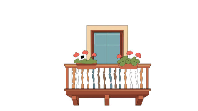 Minimalist vector illustration of a charming wooden balcony featuring a window and flower boxes with red blossoms. Flat design architectural icon for home living and exterior building decor.