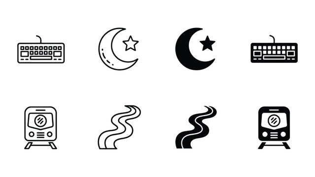 A collection of black and white icons featuring various symbols and objects