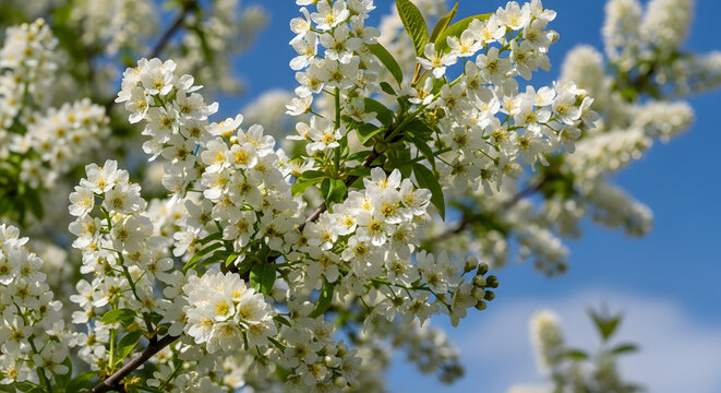 A flowering bird cherry tree with white blossoms and green leaves against a clear blue spring sky. AI generated.