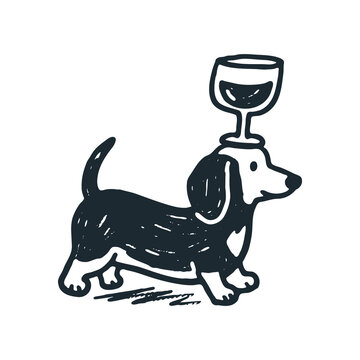 Dachshund balancing wine glass. Black and white naive doodle illustration.