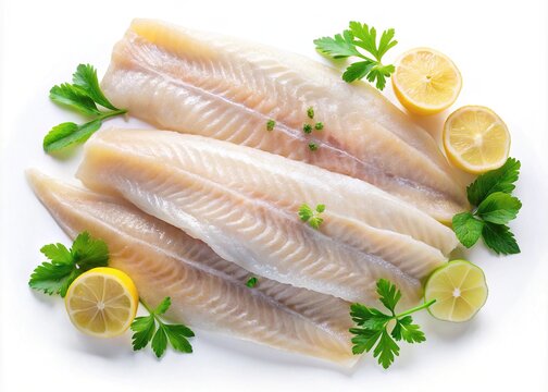 Fresh raw white fish fillets with lemon and parsley, uncooked cod or haddock seafood on white background, healthy protein for cooking