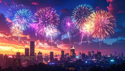 Fototapeta premium A vibrant nighttime scene of illuminated city buildings below colorful explosions in the night sky