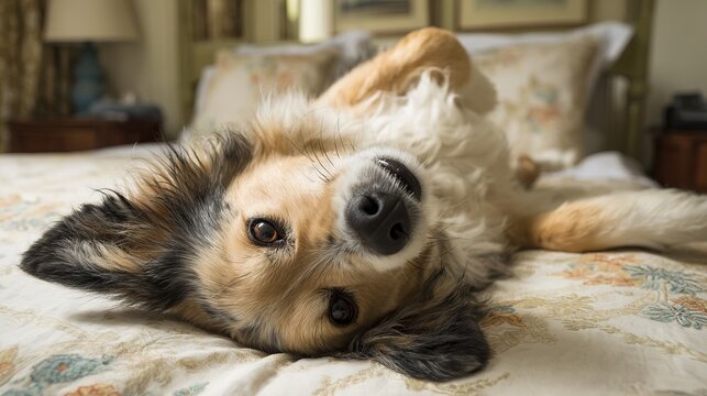 Funny dog relaxes on the bed, upside down.