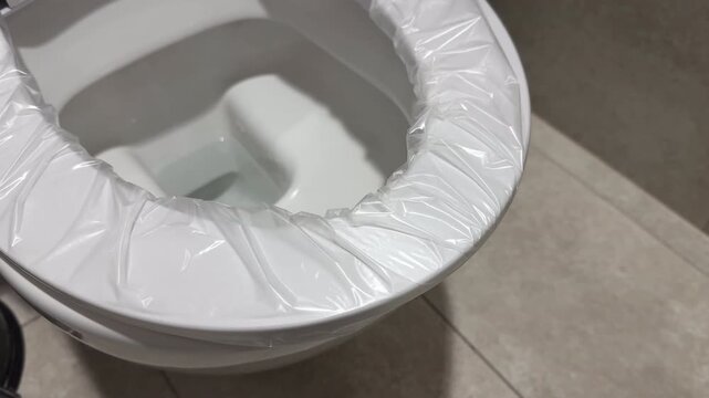 White Toilet Bowl with Disposable Plastic Hygienic Seat Cover in Public Restroom &mdash; Single Use Protective Film on Ceramic WC for Sanitary Protection, Travel Hygiene Accessory, Germ Prevention and Publi