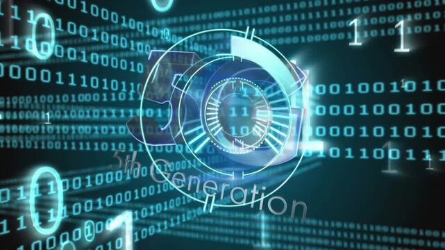 Animation of processing circle and binary code over navy background