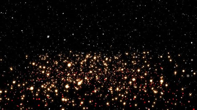Animation of snow falling in seamless loop over glowing spots on black background