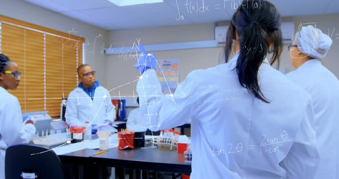 Animation of mathematical equations over group of diverse scientists in lab
