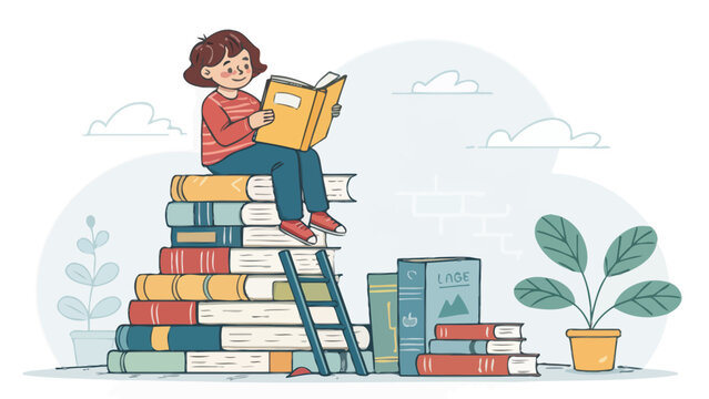 Child sitting on stack of books reading while surrounded by more books and plants in background