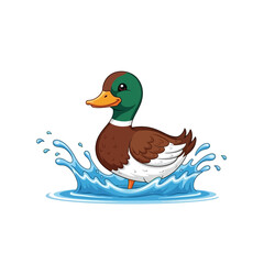 Obraz premium Cute cartoon mallard duck splashing in blue water, isolated on white background