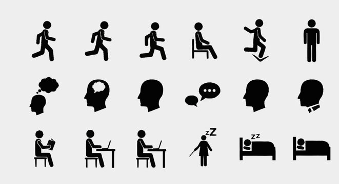 Collection of Human Activity Pictograms Representing Various Actions and States.