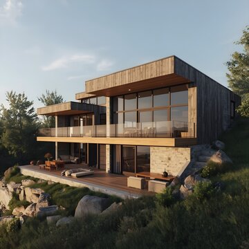 Split Level Hillside House Design Sketch with Panoramic Balcony View