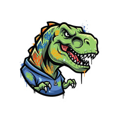 Fototapeta premium A fierce green T-Rex mascot with graffiti-style paint splatters, wearing a blue hoodie, poses aggressively with sharp teeth bared and claws extended against a clean white background