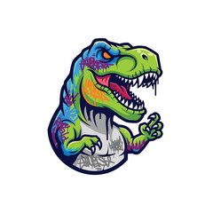 Obraz premium A vibrant, graffiti-style T-Rex mascot with an aggressive expression and dripping paint details, designed for competitive esports gaming