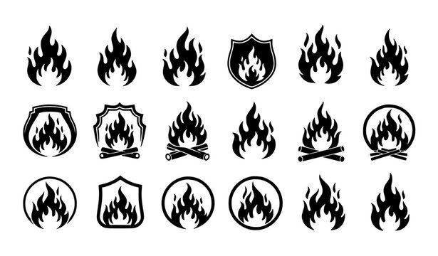 A set of black flame icons and shields in various designs
