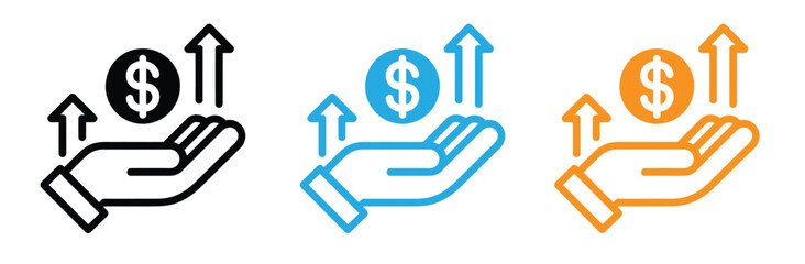 Obraz premium Three color variations of hand holding dollar coin with arrows icon for business finance growth concept