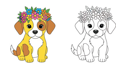 Fototapeta premium Cute cartoon puppy with floral crown coloring book page. Colored illustration and black and white line art outline vector.