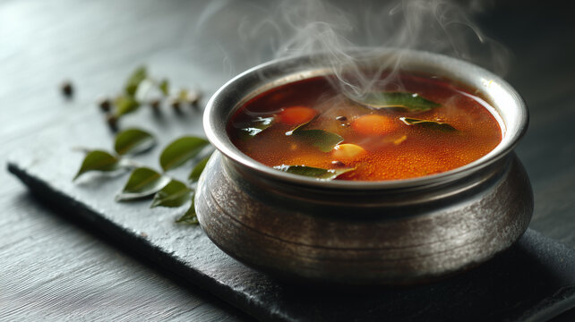 A hot, aromatic bowl of traditional South Indian Rasam made with tomato, tamarind, and spices, garnished with fresh curry leaves.
