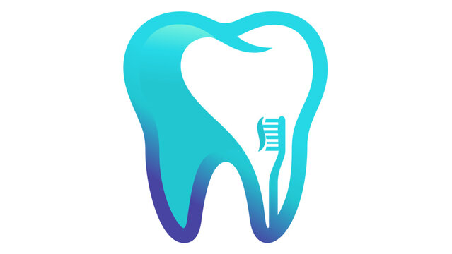 Dental care vector icon illustration featuring a stylized blue gradient tooth with a toothbrush silhouette inside. Professional graphic for dentist logos, oral hygiene, and healthcare branding.
