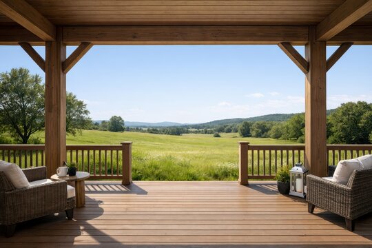 Wooden Porch and Natural Beauty: A warm and inviting wooden porch, complete with comfortable seating, offering a breathtaking view of rolling hills and a vibrant meadow under a clear blue sky.