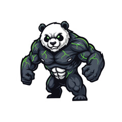 Naklejka premium A muscular anthropomorphic panda character with glowing green eyes and cracked dark skin, standing powerfully with an aggressive stance against a white backdrop, illustrating a fierce
