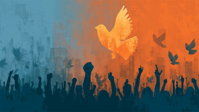 Peaceful protest, dove flying over crowd, freedom, activism, social movement