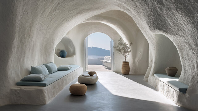 Luxury white sculpted interior inspired by Greek architecture, featuring built-in seating, soft blue cushions, and an arched doorway opening to a stunning ocean view.
