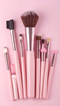 Pink makeup brushes arranged on a pink background