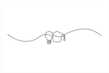 Fototapeta premium Minimalist continuous one-line drawing of a graduation cap and light bulb, representing the fusion of education, knowledge, and creative ideas.